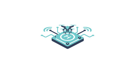A digital illustration of a drone hovering above a landing pad with signal icons © Arisa