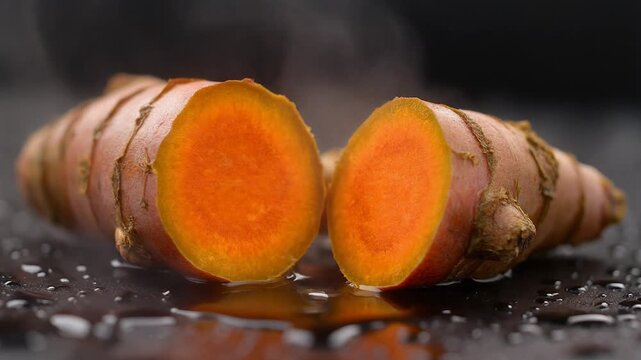 Fresh Turmeric Root Halved with Water Droplets on Dark Background
