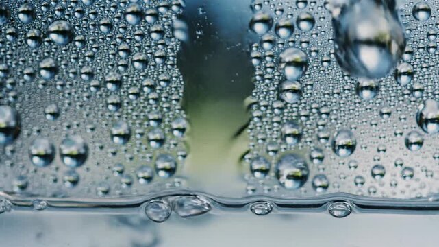 Close-up of water droplets on a window catching light during a rainy afternoon