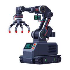 Fototapeta premium A dark blue robotic arm mounted on a tracked base with a fourpronged mechanical claw displays and external wiring