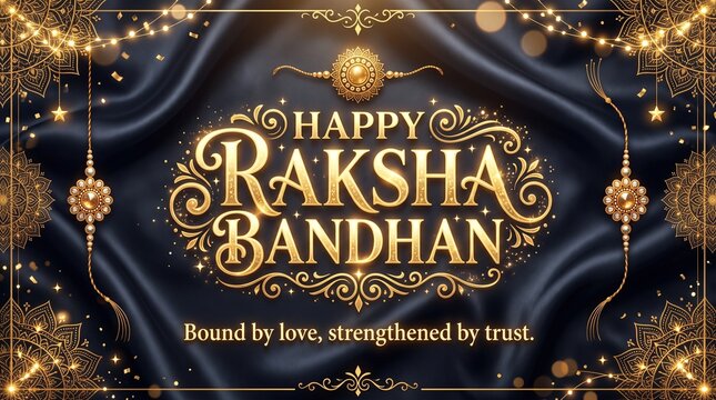 Elegant raksha bandhan greeting card design with golden text on a smooth dark silk background conveying love and trust during the festival celebration