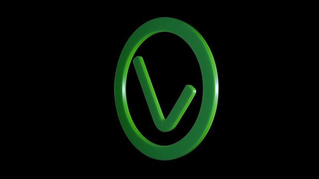 single rotating 3d green tick check mark in circle icon isolated on black background. video 4k render