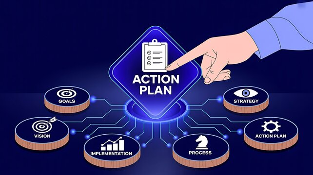 Business action plan concept with strategic planning workflow and project management process