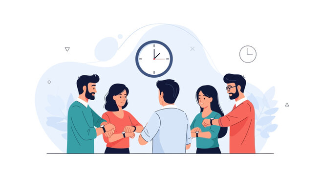 Diverse group of people checking smartwatches and wall clock, symbolizing time management and punctuality