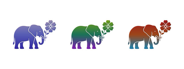 Three colorful elephants holding a flower in their trunks © Graphichax