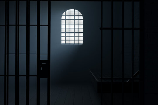 3D Rendering of an old prison cell with an arched bright window behind the bars