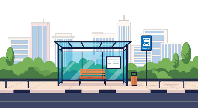 Clean empty city bus stop on the sidewalk with a wooden bench, schedule board, trash can, and modern skyscrapers.