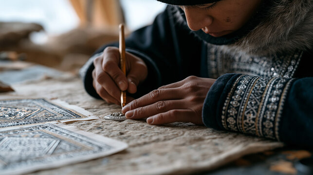 Sami silver jewelry artisan at a workbench engraving a traditional brooch with a fine burin, reference patterns pinned nearby, Scandinavian indigenous metalwork, heritage craft,