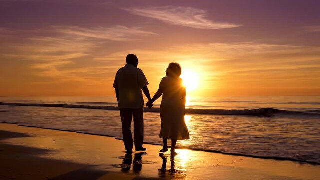 Couple walks hand in hand on beach at sunset in a warm sky with gentle waves