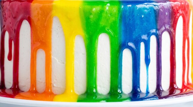 A vibrant rainbow-colored cake with melted icing dripping down its sides sits on a white plate in a kitchen environment.