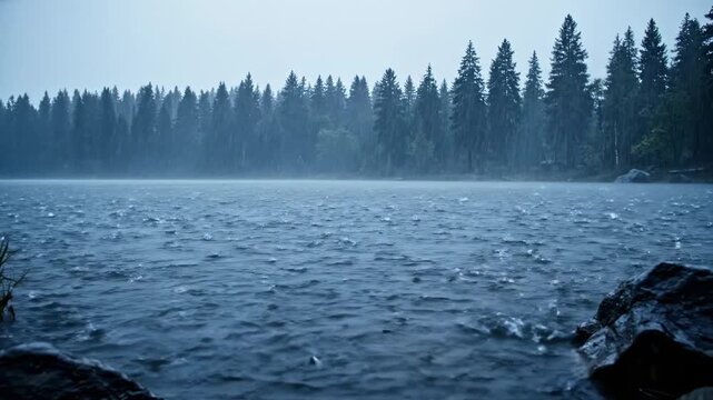 Dark clouds bring rain over a quiet lake surrounded by trees in the early hours of the day