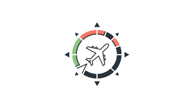 A minimalist vector icon showing an airplane inside a circular navigation compass