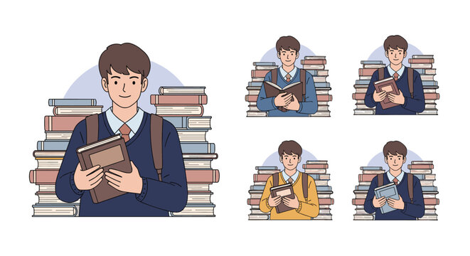 Student character set showing a young man holding books in different poses against stacks of textbooks, perfect for education designs.