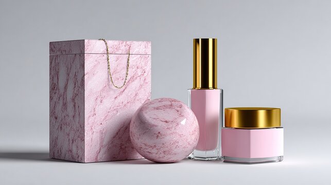 Luxury Beauty Products: A collection of elegant pink beauty products, including a marble patterned box with a delicate gold chain, a bath bomb, nail polish, and a skincare jar.