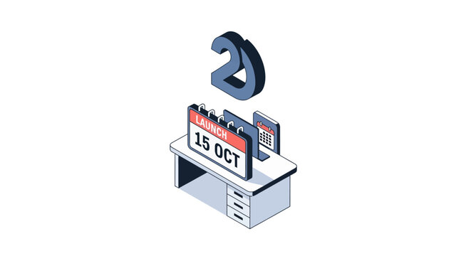An isometric illustration of a desk with a calendar showing a launch date