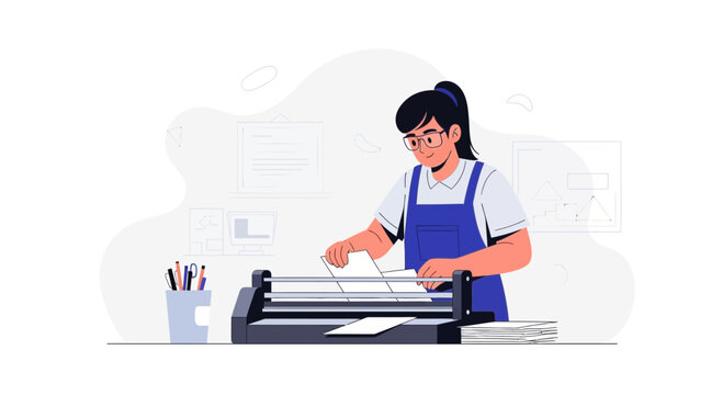 Graphic designer using a laminator machine for document finishing in a modern office setting, vector illustration