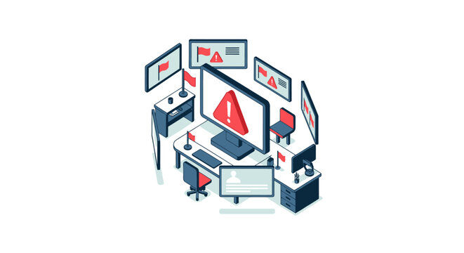 An isometric illustration showing multiple computer screens with security alerts