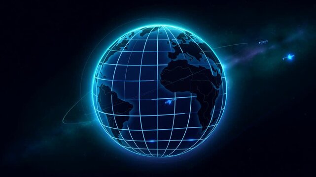 Digital globe with glowing grid and orbiting satellites in space technology concept
