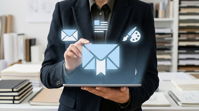 Businesswoman Using Tablet with Email and Creative Design Icons for Digital Communication and Project Management in a Modern Office Workspace Setting