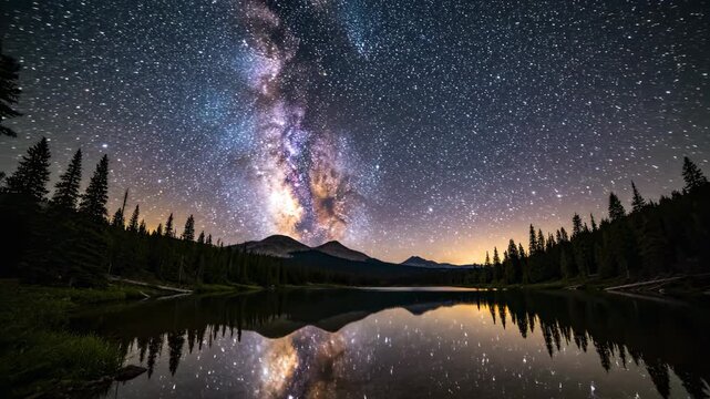 Stargazing at a lake under the Milky Way in the mountains at night