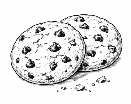 Two delicious round chocolate chip cookies in a simple line drawing isolated on white background