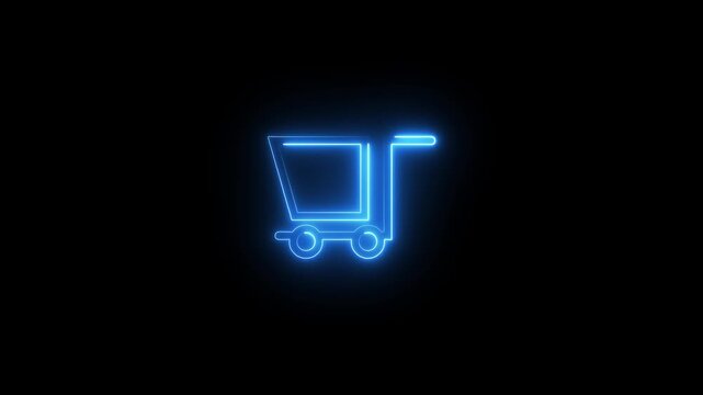 Neon blue shopping cart glowing icon moving in dark background for e commerce retail sale.
