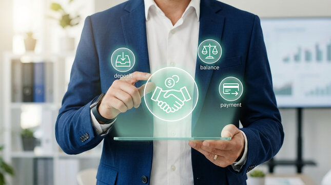 Professional businessman in office holding a glass tablet with futuristic financial icons for deposit, balance, and payment transaction services.