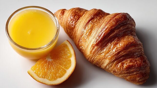 Golden Croissant with Citrus Sunrise: A perfectly baked golden croissant rests beside a glass of vibrant orange juice and a fresh orange slice, offering a classic and refreshing breakfast.