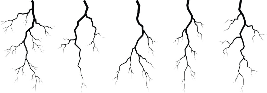 Five black lightning bolt silhouettes on white background vector illustration for stormy weather designs, thunderstorm vector collection