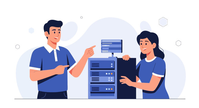 IT Professionals Working Together with Server Rack, Data Center, Technology Concept