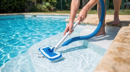A person uses a pool vacuum to clean the water near the steps of a swimming pool during a sunny day at a private backyard. The scene shows clear water and greenery