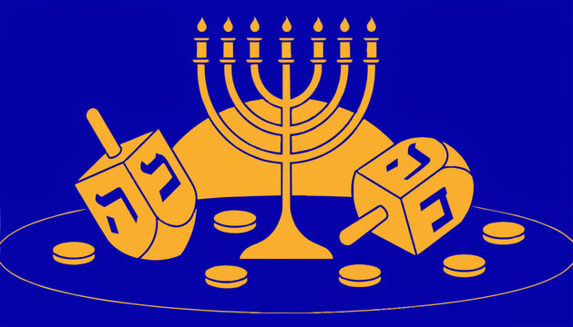 Flat illustration of Hanukkah menorah and dreidels on dark blue background.