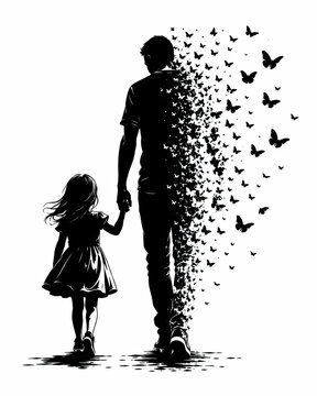 Silhouette of a father holding hands with his daughter as he fades isolated on white background