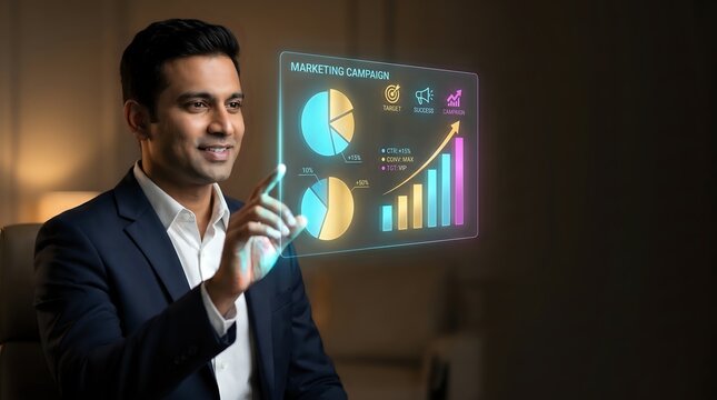 Confident South Asian Healthcare Marketing Director Analyzing AR Campaign Copyspace