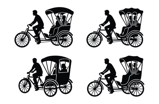 Black silhouettes of bicycle rickshaws with drivers and passengers set