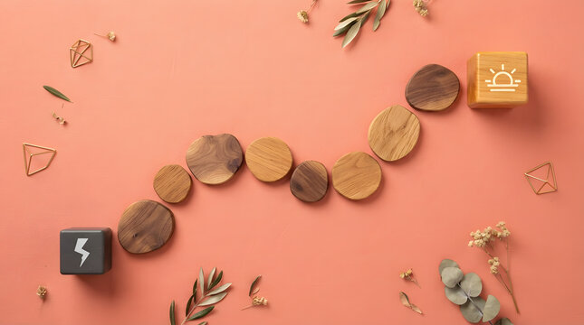 Sustainable energy transition path | morning routine wellness flat lay | minimalist personal growth concept | business strategy milestone map | wooden block creative layout