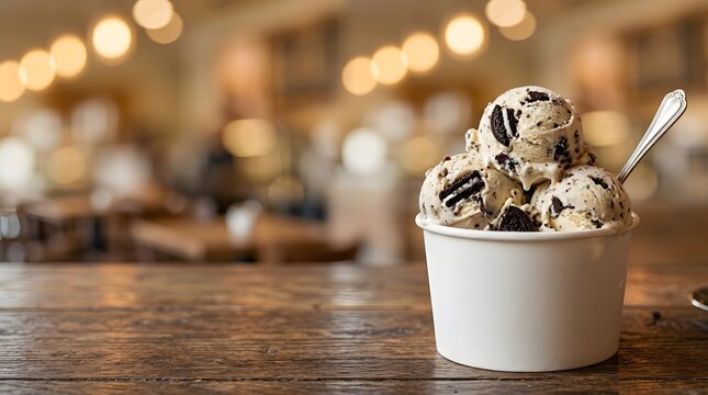 Delicious Cookies And Cream Ice Cream Cup With Copy Space In Cozy Cafe