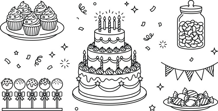 Celebration Cake Vector Set featuring Tiered Frosting Cupcakes Cake Pops Candy Jar and Garland for Coloring Book Designs