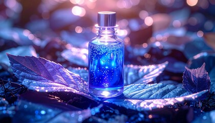 Magical glowing blue potion vial on leaves with bokeh forest background © Apih