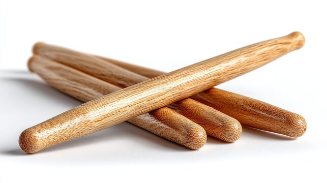 Drumsticks Crossed: A cluster of wooden drumsticks lies crossed on a clean white surface, ready to create rhythmic beats.