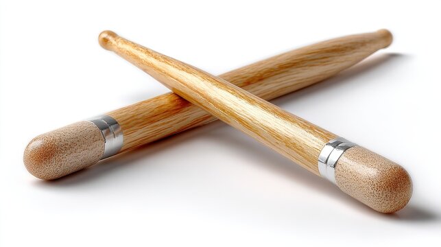 Drumsticks on White: A pair of crossed wooden drumsticks, featuring polished tips and metallic accents, rest on a clean surface, ready to create rhythm.