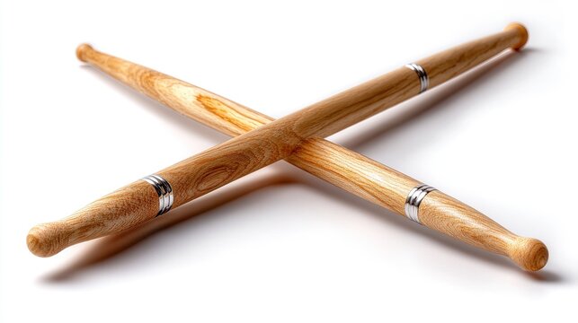 Pair of Wooden Drumsticks Crossed: A pair of light brown wooden drumsticks with metal rings at the ends are crossed diagonally, resting on a flat surface.