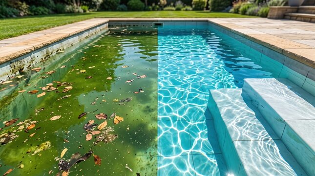 A swimming pool is divided into two parts, one side has dirty water with leaves and grime, while the other side has clear water. Stairs lead into the clean area