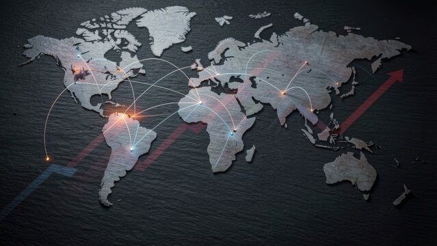 overhead view dramatic global economy map showing recession risk with falling stock charts on dark slate studio background for finance report