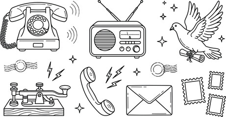 Vintage History of Communication Vector Icon Set with Rotary Telephone Retro Radio Morse Code Telegraph Homing Pigeon and Envelope © Maslima