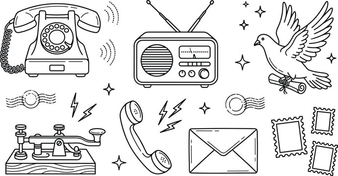 Vintage History of Communication Vector Icon Set with Rotary Telephone Retro Radio Morse Code Telegraph Homing Pigeon and Envelope