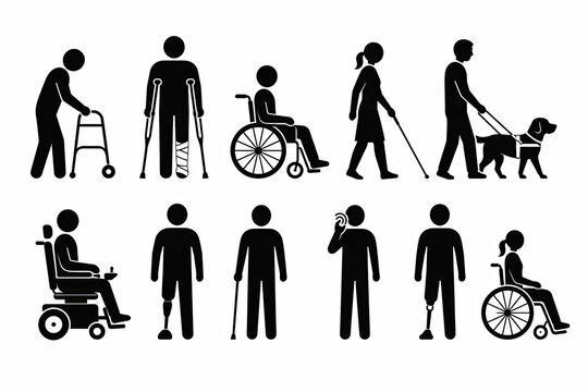 Set of black disability and accessibility icons on white background isolated on white background