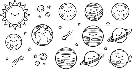 Cute Solar System Vector Icon Set with Smiling Planets Sun Moon Asteroids and Shooting Stars for Kids Coloring Book Pages © Maslima