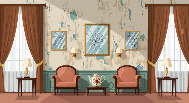 Abandoned and damaged antique living room with peeling wallpaper, broken mirror frames, dusty pink armchairs, and old curtained windows.