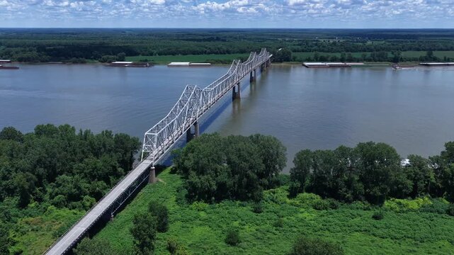 Aerial of Cairo Ohio River Iron Bridge at Mississippi, Ohio River Confluence